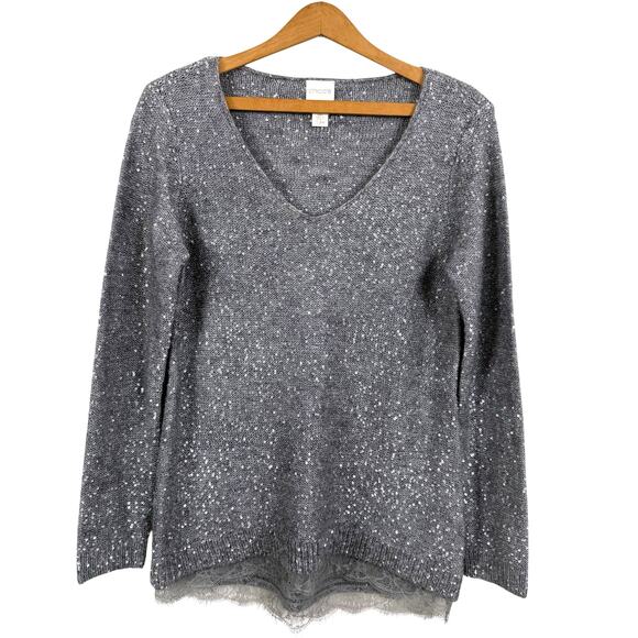 Chico's Women Silver Sequined Sweater Size 0 (US Small/4) Lace Hem Glam Holiday - Picture 1 of 10